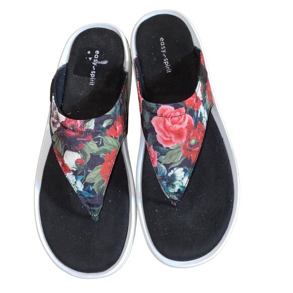 Easy Spirit Rift Black Floral Thong Slip on Platform sandal comfort 11W wide - Picture 2 of 13